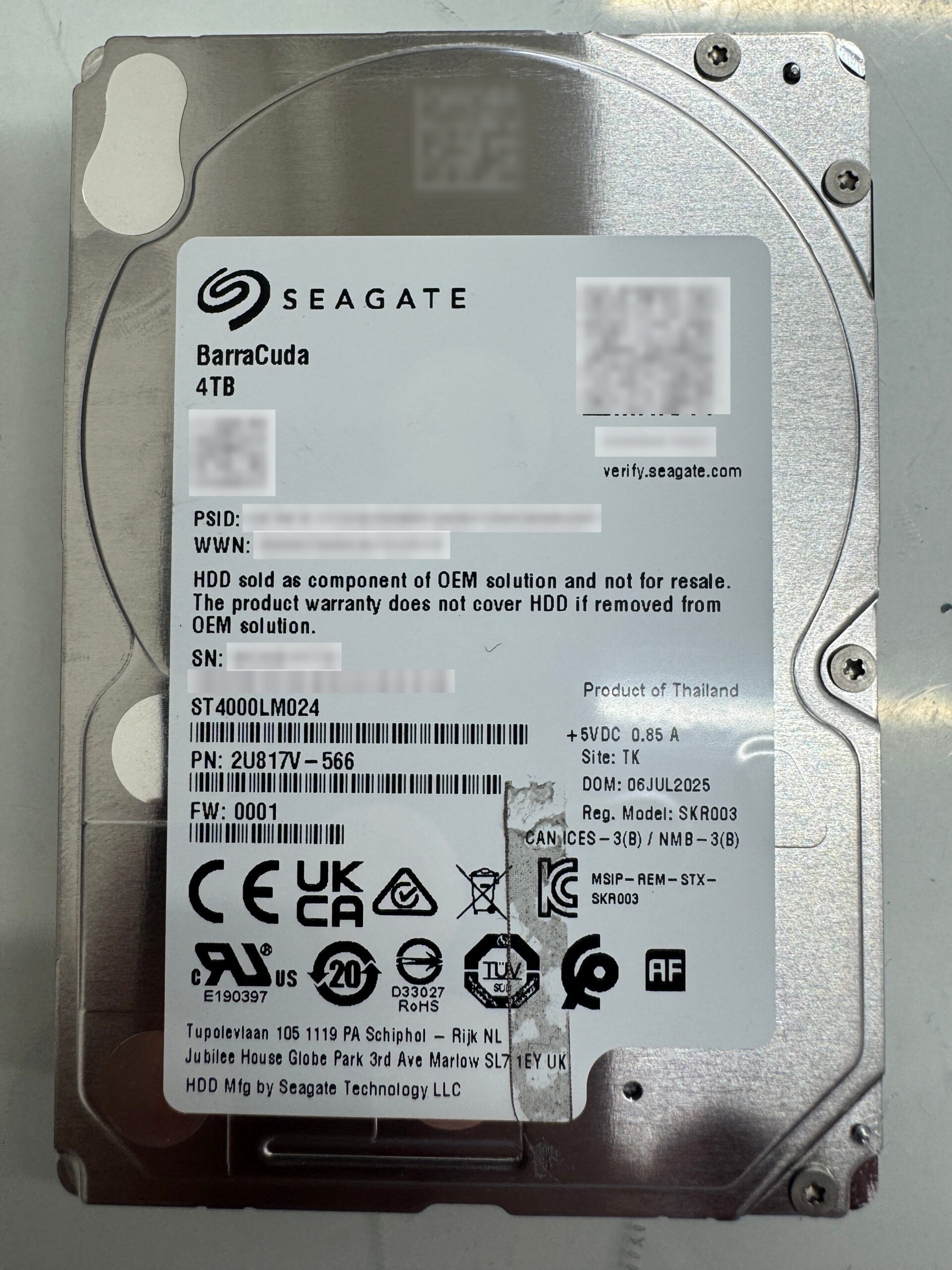 Seagate ST4000LM024（4TB）のラベル｜ヘッド交換をせずに読み切ったデータ復旧事例