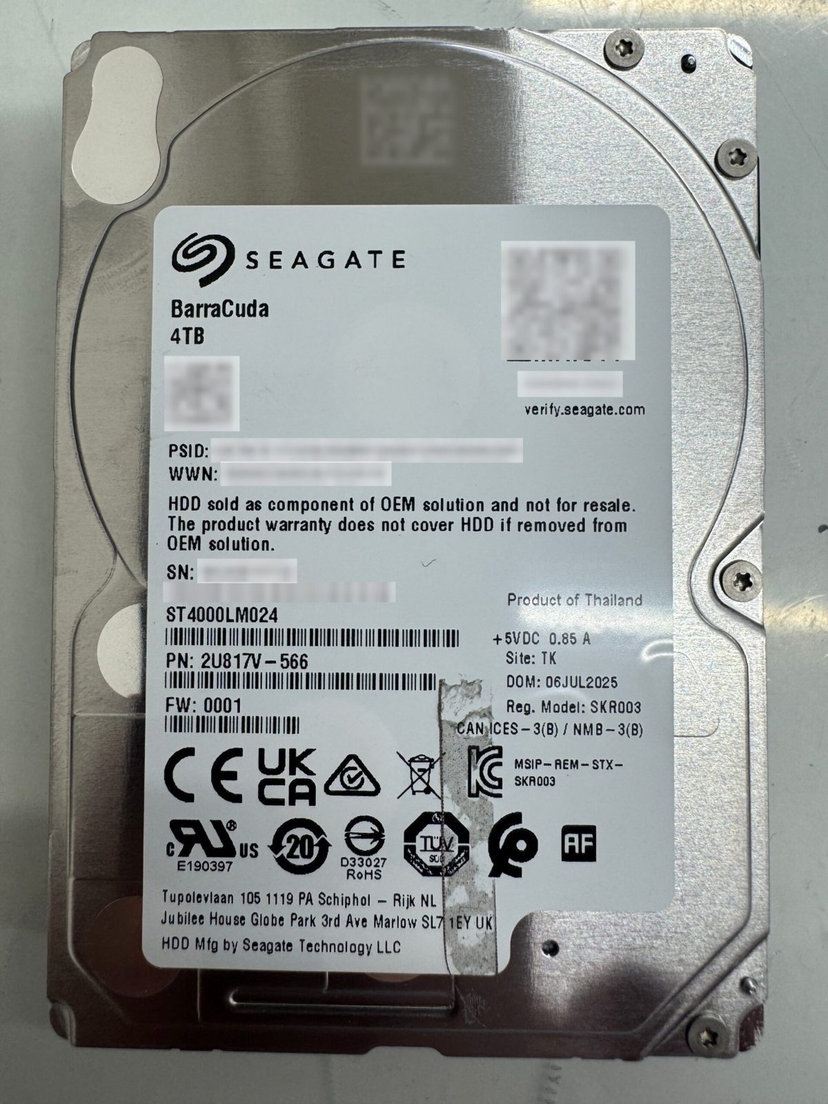 ラベル情報を保護したSeagate ST4000LM024（4TB）の障害HDD
