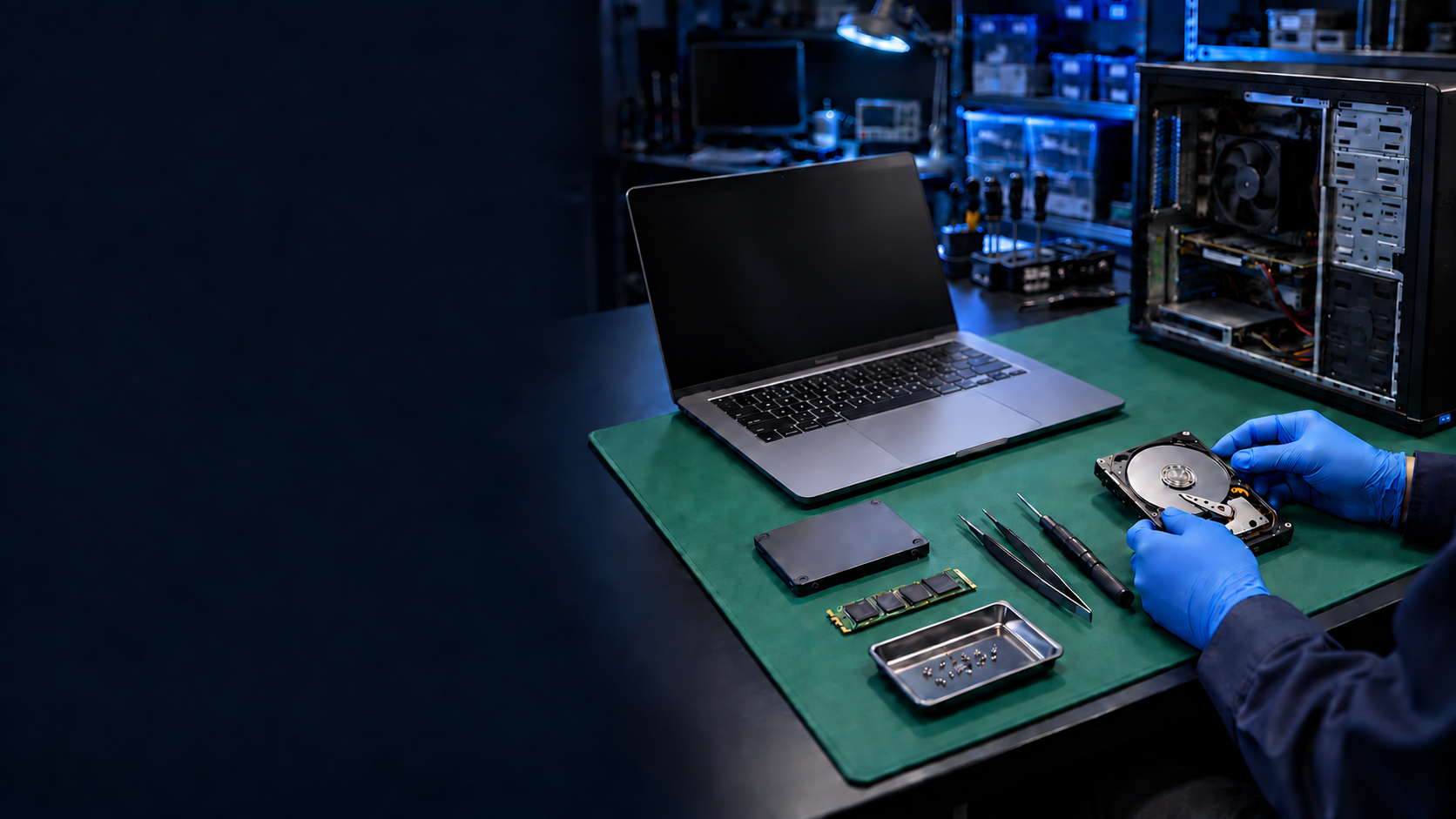 緑色の静電気防止マット上でMacタイプのノートパソコン、デスクトップPC、HDD、SSD、メモリを診断する技術者